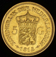 Золотая монета 5 гульденов 1912 г, Au900, 3,36 г.
