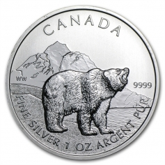 Серебряная монета Канады 5 долларов "Медведь" 1oz, 31,1г., Ag 9999, 2011 год