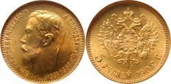 Золотая монета Николая II 5 рублей 1902 год состояние MS 66