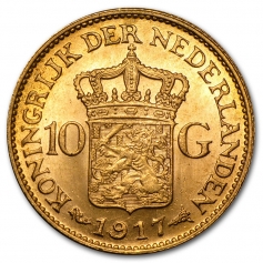Золотая монета 10 гульденов Нидерланды
