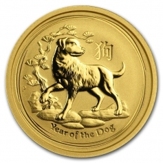 Золотая монета Австралии 15 долларов "Год собаки", 1/10 Oz, 2018, 3,11г.