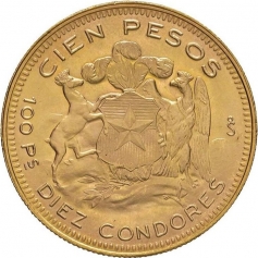 Золотая монета 100 песо Чили, 20,34 г