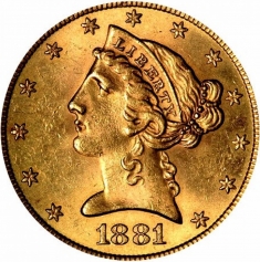 Золотая монета "Голова Свободы" 5 долларов США