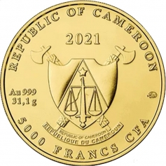Золотая монета "Юрий Долгорукий", 5000 франков, ММД, 2021 г., 1 Oz